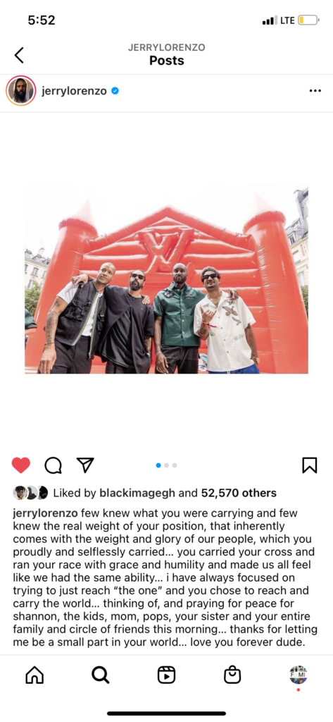 Jerry Lorenzo Virgil Abloh Tribute on Instagram