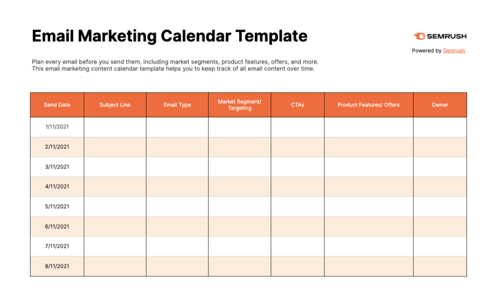 SEMrush email marketing content calendar template